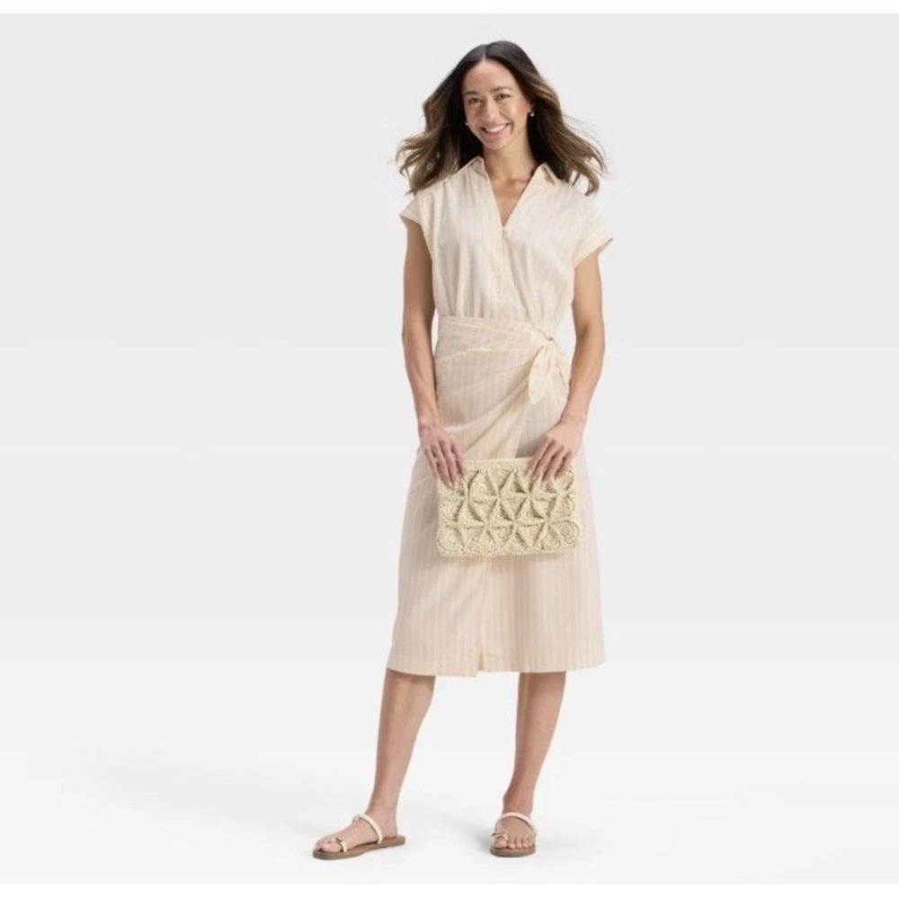Universal Thread™ Short Sleeve Wrap Waist Midi Shirtdress Cream Striped XL - Picture 2 of 14